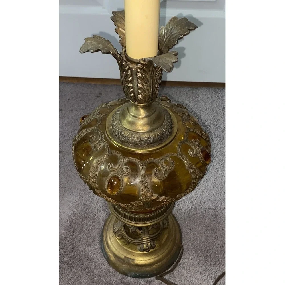Vintage‎ Amber Glass&Brass Table Lamp Falkenstein Hollywood Regency Jeweled Lamp